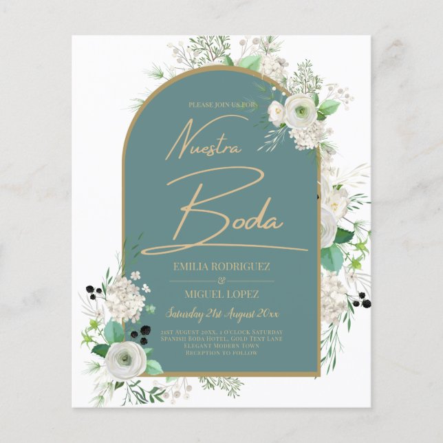 Flyer Elegantes rosas blancas Nuestra Boda Boda Española (Frente)
