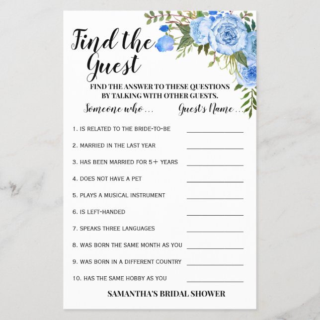 Flyer Encontrar la tarjeta de juego Guest Blue Bridal Sh (Frente)