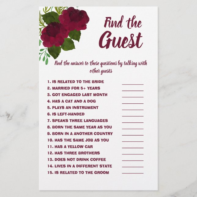 Flyer Encontrar la tarjeta de juego Guest Bridal Shower  (Frente)
