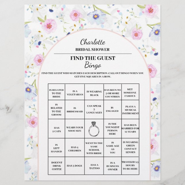Flyer Encuentra al invitado Bridal Shower Bingo Floral (Frente)