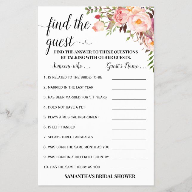 Flyer Encuentra la tarjeta de juego Guest Pink Bridal Sh (Frente)