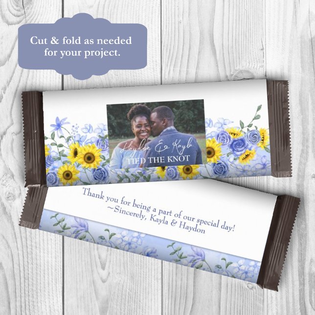 Flyer Envoltorio de barra de caramelo de bodas de giraso (yellow sunflower dusty blue wedding candy bar wrappers, diy personalized chocolate bar labels)
