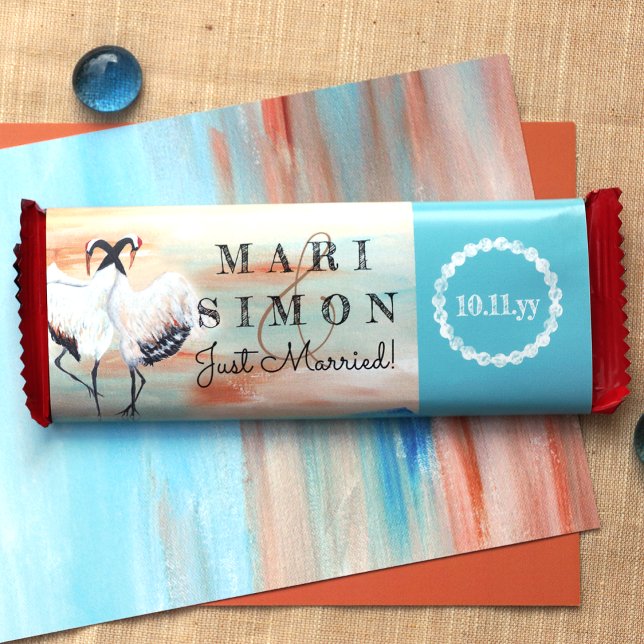 Flyer Envoltura de barra de canto Boda de las grullas tu (sienna beige cyan turquoise wedding personalized chocolate candy bars wrappers labels just married)