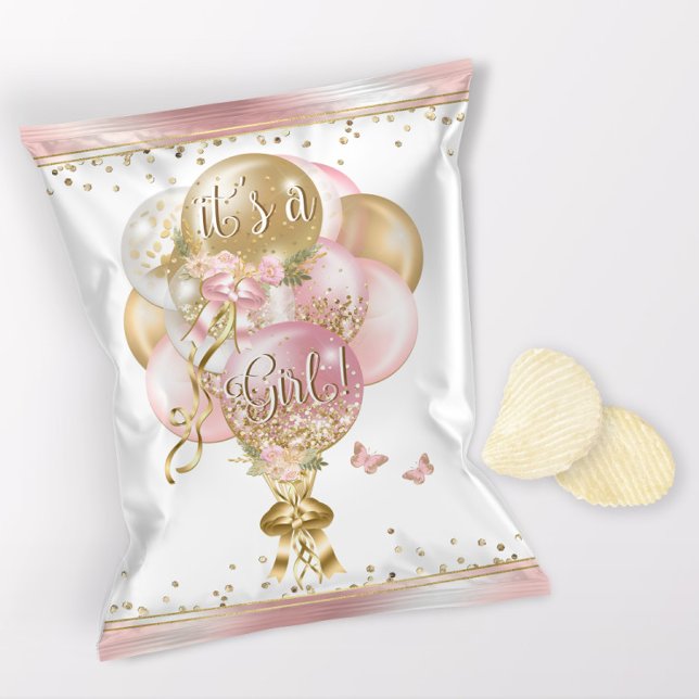 Flyer Envolturas para bolsitas en globo rosa Baby Shower (1 ounce snack bag wrapper flyer. )