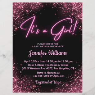 Flyer Es una niña Neon Rosa y Negro Brillo Baby Shower