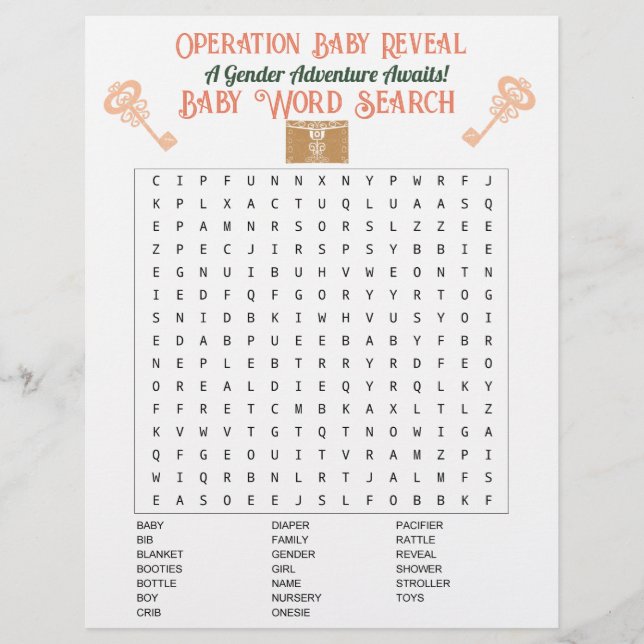 Flyer Escape Room Gender Revelar Baby Word Search (Frente)