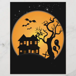 Flyer escena vectorial de casa embrujada de halloween es