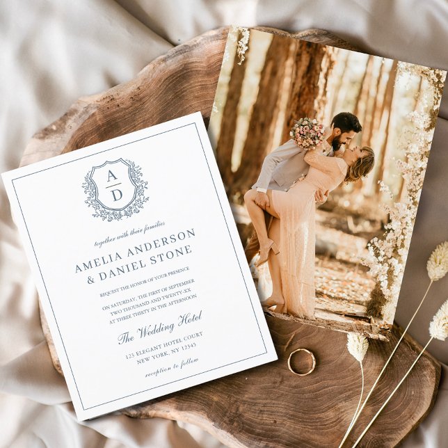 Flyer Escudo del Monograma Boda elegante del Dusty Blue  (Subido por el creador)