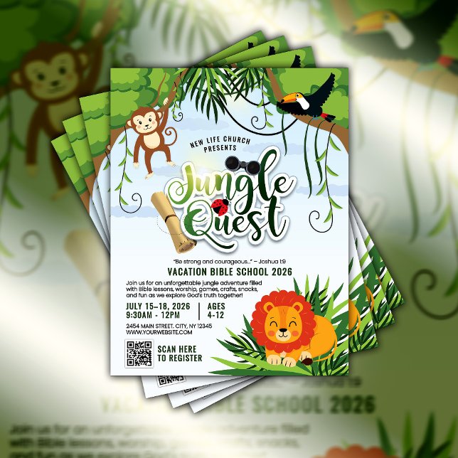 Flyer Escuela Bíblica de Vacaciones Jungle Quest Iglesia (VBS Jungle Flyer)
