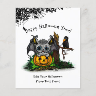 Flyer Esperando Halloween , Cute Bat y Raven