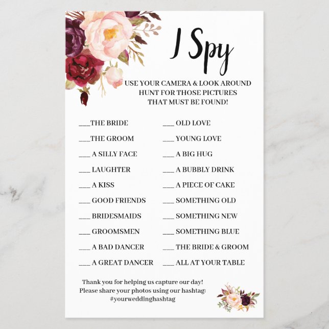 Flyer Espio Marsala Flores Boda Tarjeta de Juego de Rece (Frente)