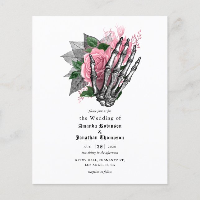 Flyer Esqueleto floral rosado Invitación a la boda gótic (Frente)