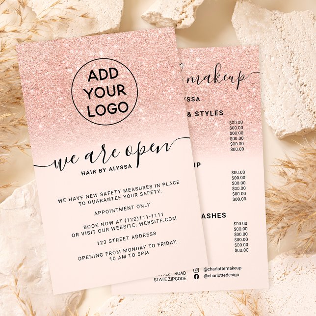 Flyer Estamos abiertos logo rosa precios brillo oro rosa (Subido por el creador)