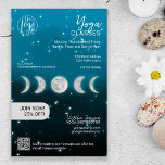 Flyer Estrella de luna azul clases de estudio de instruc<br><div class="desc">Moderno gradiente de color azul marino oscuro con lunas completas y estrellas en media luna,  formas geométricas y silueta de yoga pose de instructor de yoga clases de profesores de estudio para promociones y lista de precios. Añade tu,  logotipo,  medios sociales,  dirección y horario.</div>