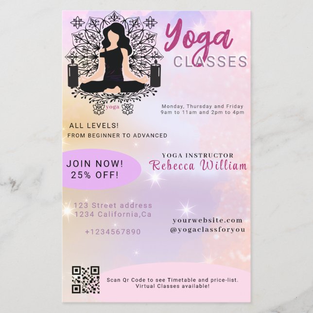 Flyer Estudio Moderno de Clases de Yoga con Gradiente Ro (Frente)