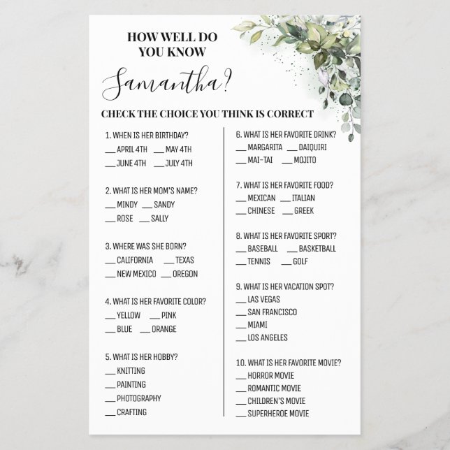 Flyer Eucalipto ¿Cuánto conoces a la novia Tarjeta de ju (Frente)