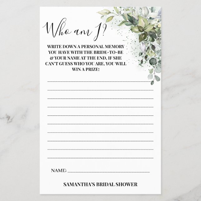 Flyer Eucalipto ¿Quién soy? Tarjeta de juego Bridal Show (Frente)