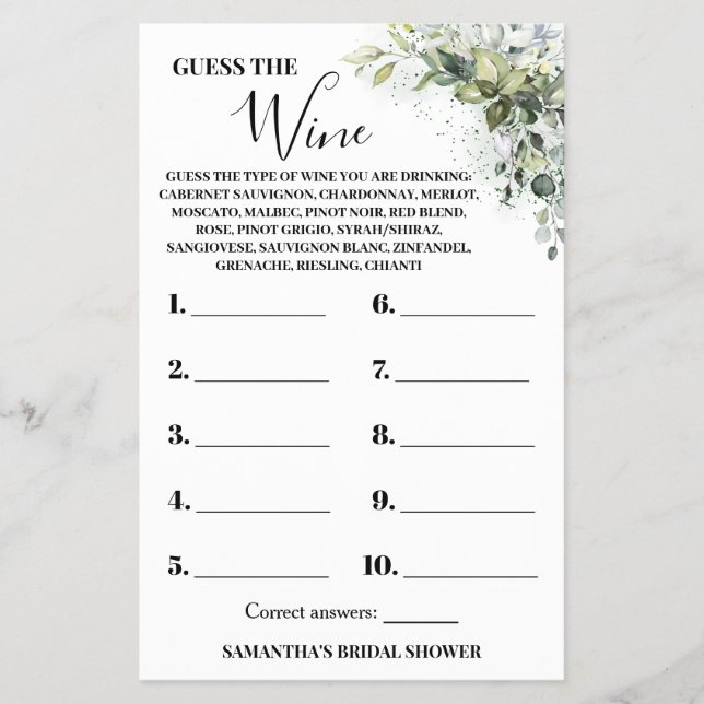 Flyer Eucalyptus adivina tarjeta de juego Wine Bridal Sh (Frente)