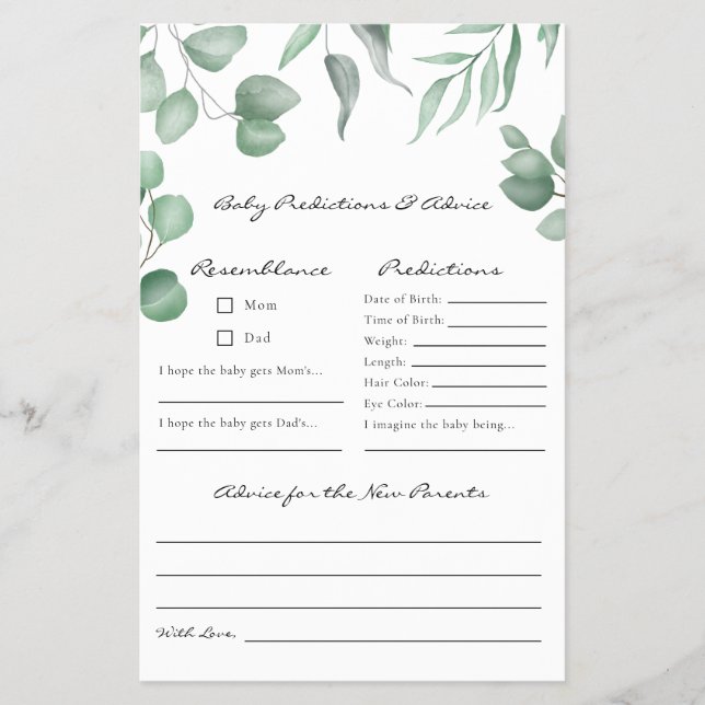 Flyer Eucalyptus Baby Shower Game Predictions & Advances (Frente)