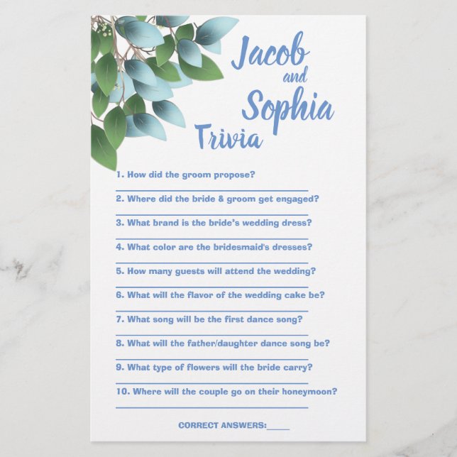 FLYER EUCALYPTUS BRIDE & GROOM TRIVIA DUCHA TARJETA DE J (Frente)