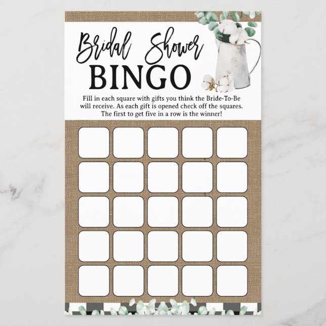 Flyer Eucalyptus Cotton Farmhouse Bridal Shower Bingo (Frente)
