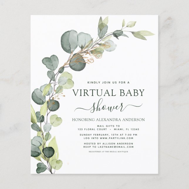 Flyer Eucalyptus de verde virtual de Baby Shower de pres (Frente)
