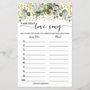 Flyer Eucalyptus Gold Name Love Song Shower Game Card