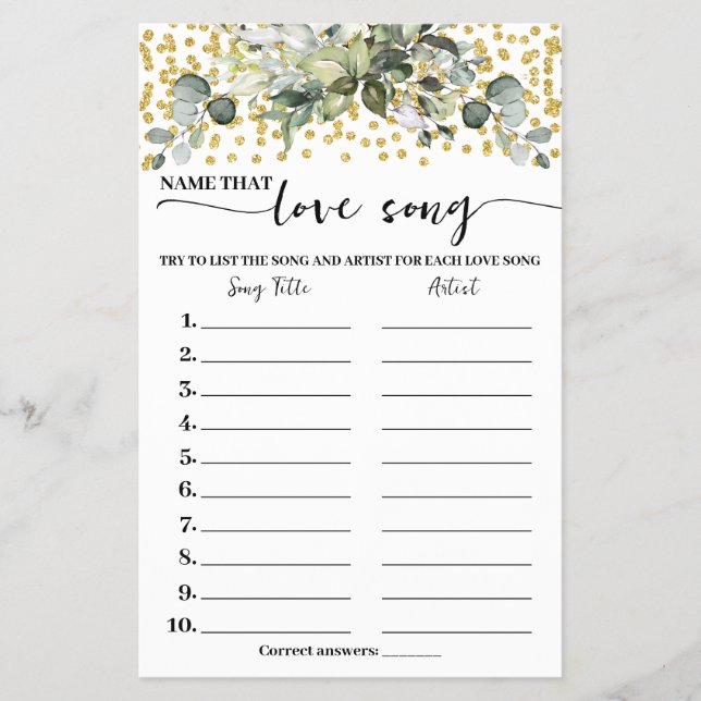 Flyer Eucalyptus Gold Name Love Song Shower Game Card (Frente)