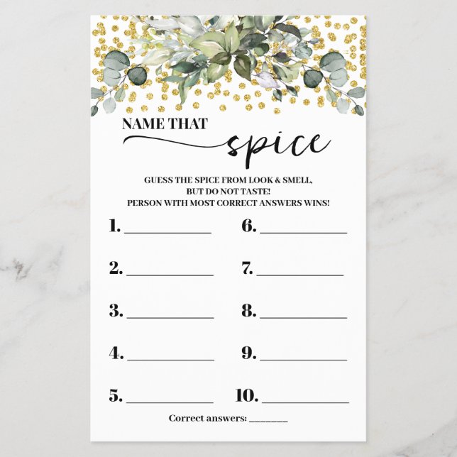 Flyer Eucalyptus Gold Name that Spices Shower Game Card (Frente)