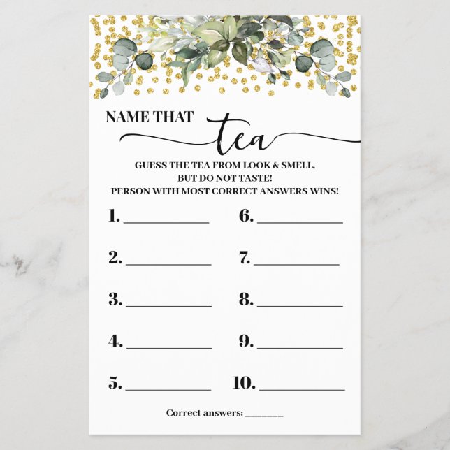 Flyer Eucalyptus Gold Name that Tea Shower Game Card (Frente)