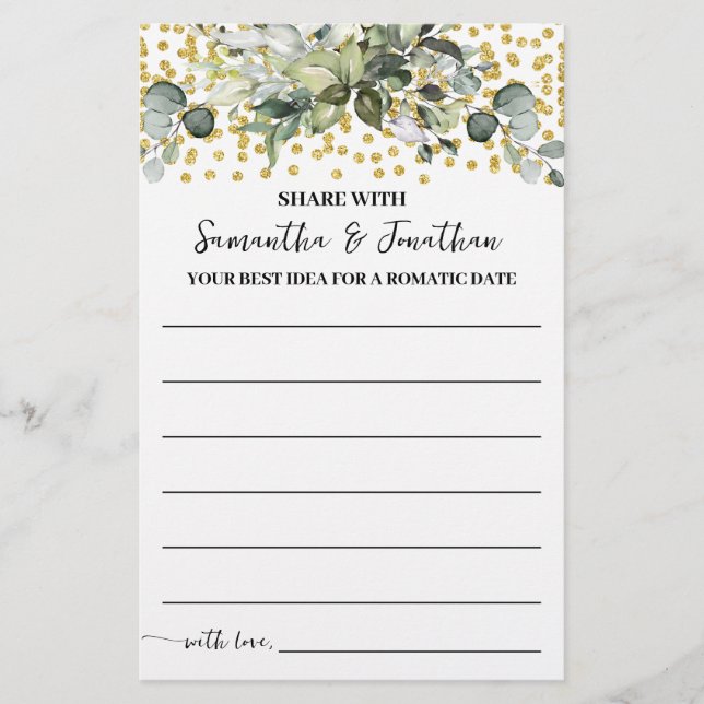 Flyer Eucalyptus Gold Share a Date Idea Shower Game Card (Frente)