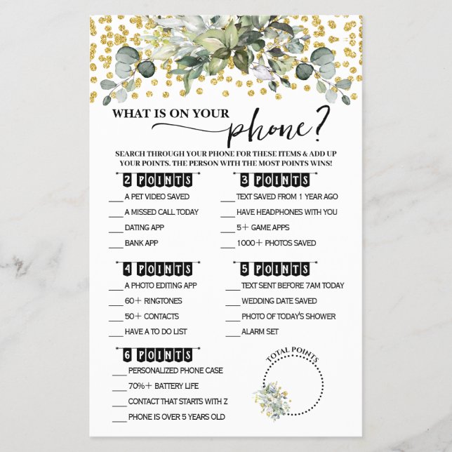 Flyer Eucalyptus Gold Tarjeta de juego para ducha de tel (Frente)