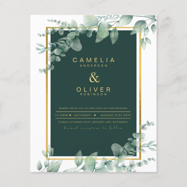 Flyer Eucalyptus Greenery Gold Emerald Boda QR CÓDIGO F (Frente)