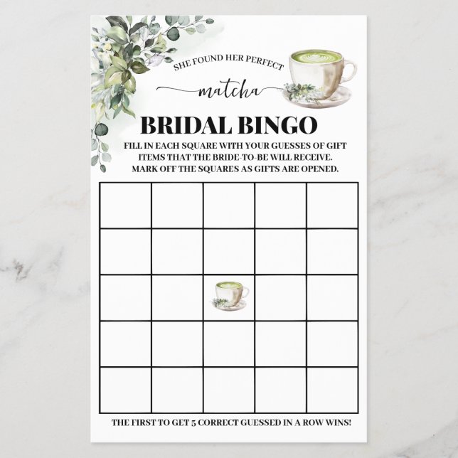 Flyer Eucalyptus Matcha Bridal Shower Bingo Game Card (Frente)