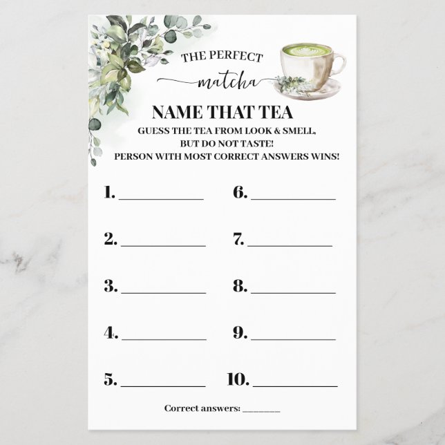 Flyer Eucalyptus Matcha Name that Tea Shower Game Card (Frente)