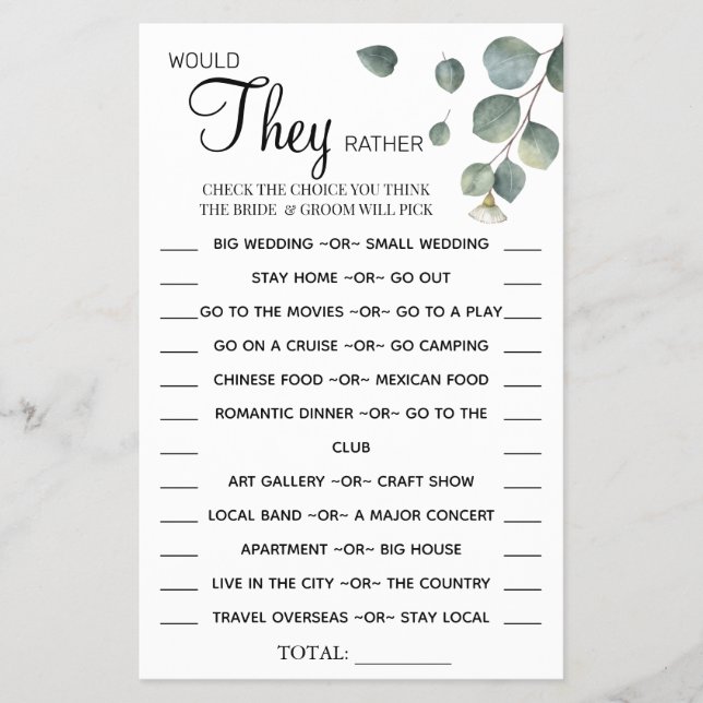 Flyer Eucalyptus Prefieren ducha tarjeta de juegos (Frente)