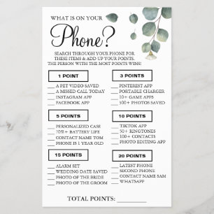 Flyer Eucalyptus ¿Qué hay en tu teléfono? Tarjeta de jue