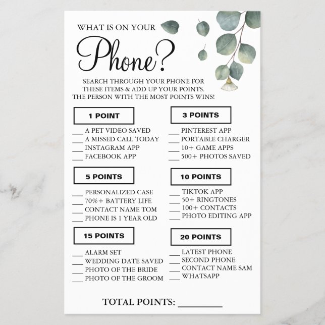 Flyer Eucalyptus ¿Qué hay en tu teléfono? Tarjeta de jue (Frente)