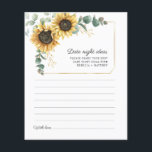 Flyer Eucalyptus Sunflower Date Ideas Noche<br><div class="desc">Boda floral floral de la noche del domingo de presupuesto tarjetas de ideas de la noche. Crea una moderna tarjeta de ideas de la noche con la flor floral floral de girasol con esta bonita plantilla con un bonito ramo rústico floral y una moderna tipografía simple. CONSEJO: En la colección...</div>