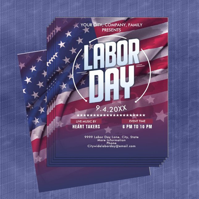 Flyer Evento de celebración del Día del Trabajo de la Ba (Custom USA Flag Labor Day Celebration Event Flyer)