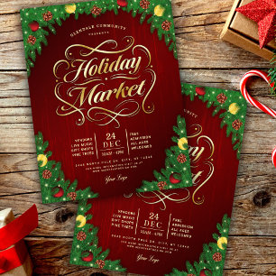 Flyer Evento de Mercado Navideño Rústico Rojo y Dorado