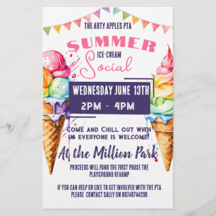 Flyer Evento social de helados rosa y marina PTA PTO