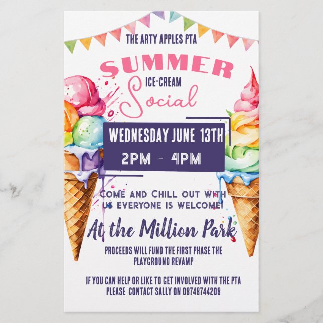 Flyer Evento social de helados rosa y marina PTA PTO (Frente)