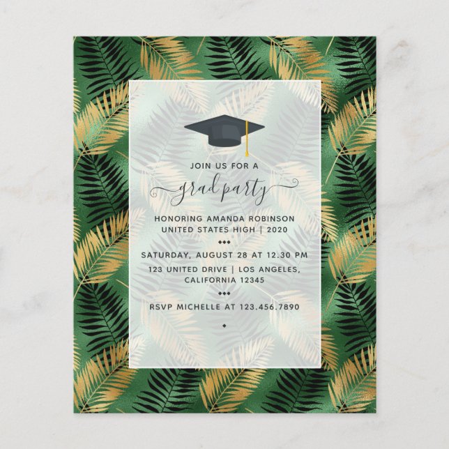 Flyer Exótico Partido de Graduación Verde y Oro Tropical (Frente)