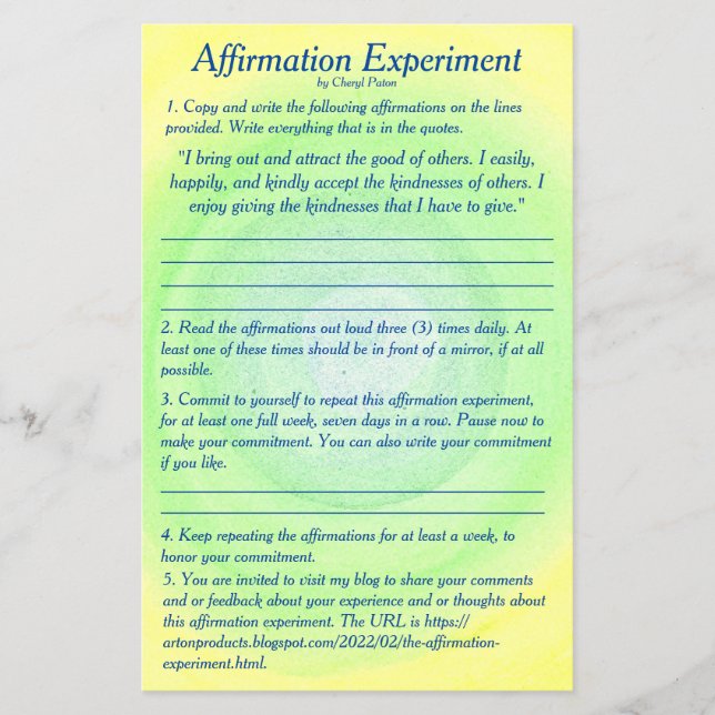 Flyer Experimento de Afirmación por Cheryl Paton (Frente)