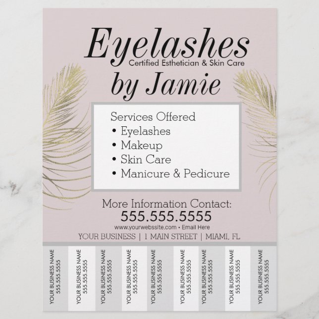Flyer Eyelash Service Pink Gold Business Tear Off Strips (Frente)