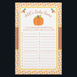 Flyer Fall Pumpkin Baby Shower juego de ABC<br><div class="desc">Este diseño presenta una calabaza y hojas en tonos otoño sobre un fondo de gingham. Los productos de coordinación están disponibles en nuestra tienda, zazzle.com/doodlelulu*. Contáctenos si necesita este diseño aplicado a un producto específico para crear un elemento coincidente. ¡Muchas gracias por ver un DoodleLulu por el diseño de los...</div>