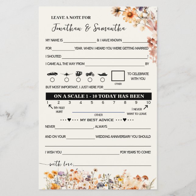 Flyer Fall Wildflowers Note for Couple Boda Game Card (Frente)