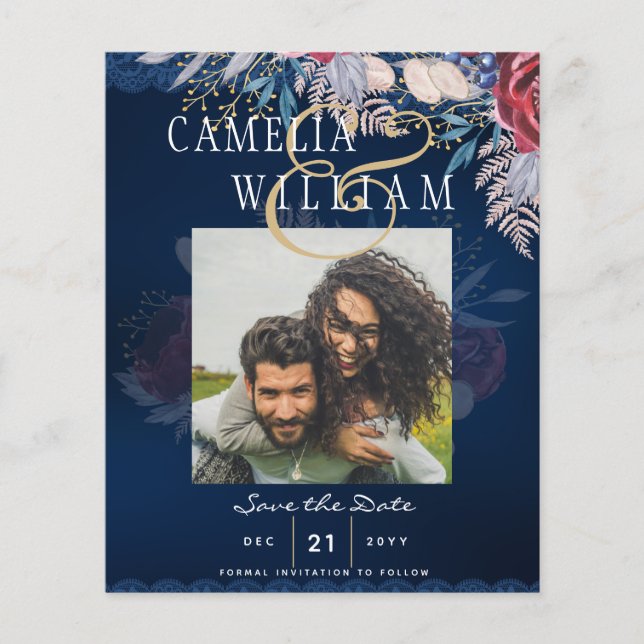 Flyer Fecha de AHORRO del Boda de encaje floral azul bor (Frente)