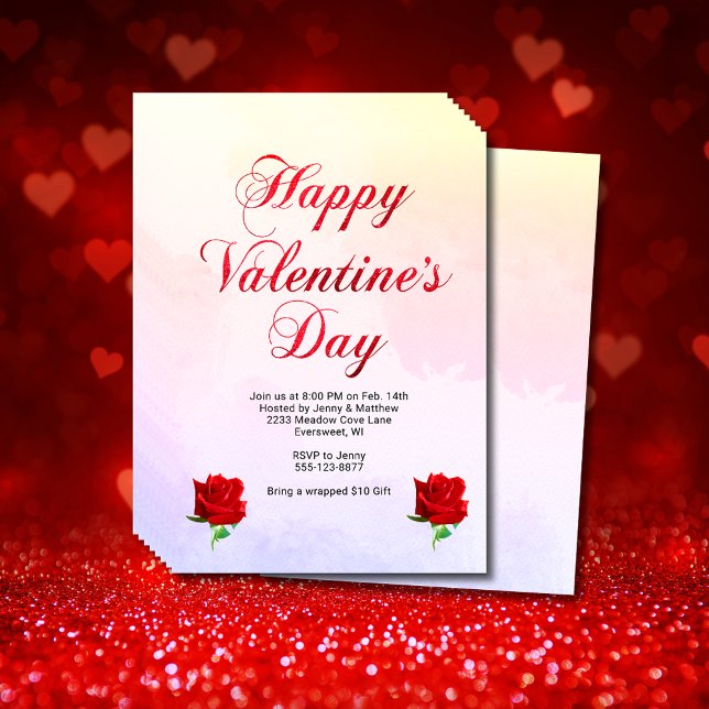 Flyer Feliz día de San Valentín, fiesta de rosas rojas s (Happy Valentine's Day Soft Pastel Red Roses Party Flyer)